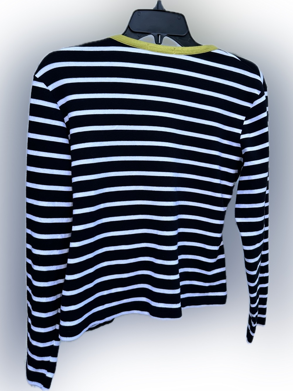 Women's Black & White Stripe Top with Olive Trim - Picture 2 of 5